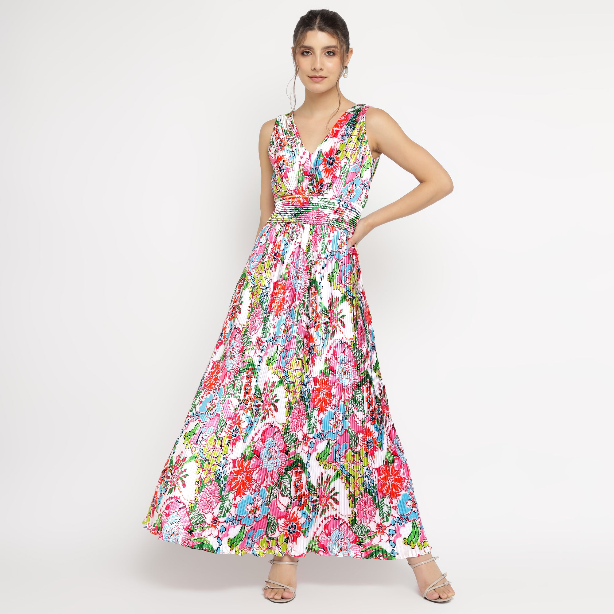 Vibrant Garden Bloom Pleated Maxi Dress